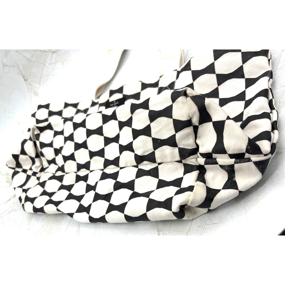 Kate Spade Canvas Cotton Tote Classic Bowtie Black White Leather Handle EUC - Picture 10 of 15